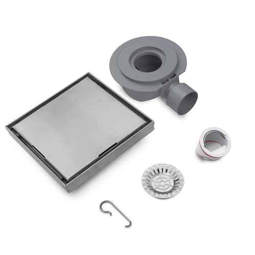 VANCOCO Edelstahl Duschablauf 150×150 mm, Bodenablauf Duschrinne, Quadrat 2 in 1 Unsichtbarer 360° Siphon Randablauf,mit Geruchsverschluss und Ablaufrinne Haarsieb, Gebürstet von VANCOCO