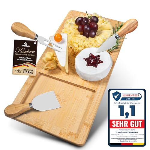 VANEJA Premium Käsebrett, Schneidebrett aus Bambus, 38 x 18,5 x 1,5 cm, Käsebrett mit Messer Käseschaber Käseplatte aus Holz Holzplatte Käse Cheese board Set Charcuterie board inkl. kostenlosem e-book von VANEJA