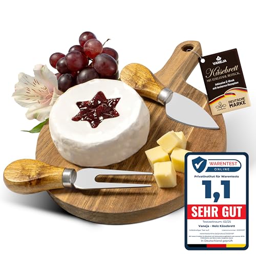 VANEJA Premium Käsebrett, Schneidebrett aus Holz, ⌀17,5 x 1,5 cm, Käsebrett mit Messer Käseschaber Käseplatte aus Holz Holzplatte Käse Cheese board Set Charcuterie board inkl. kostenlosem e-book von VANEJA
