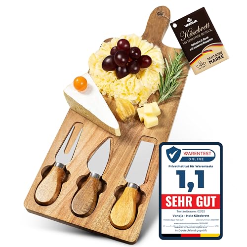 VANEJA Premium Käsebrett, Schneidebrett aus Holz, 42 x 15,5 x 1,5 cm, Käsebrett mit Messer Käseschaber Käseplatte aus Holz Holzplatte Käse Cheese board Set Charcuterie board inkl. kostenlosem e-book von VANEJA