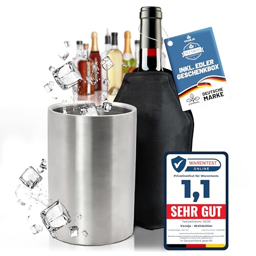 VANEJA Premium Weinkühler aus Edelstahl, Ø12 x 18 cm inkl. Kühlmanschette – Flaschenkühler & Sektkühler – Champagnerkühler, Getränkekühler Outdoor & Sekt Zubehör von VANEJA