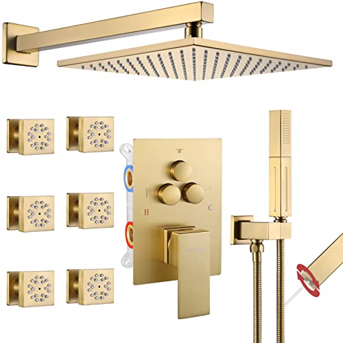 VANFOXLE Duscharmatur-Set, gebürstetes Gold, Duschsystem mit 6 Körperdüsen, Duscharmaturen mit 2-in-1-Handbrause, 25.4 cm Duschkopf (rauer Ventilkörper und Verkleidung im Lieferumfang enthalten) von VANFOXLE