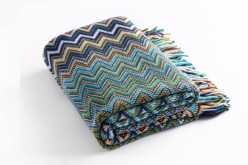 VANJOROY Bohemian-Sofa-Überwurfdecke mit Quasten, warm, weich, gemütlich, dekorativer Sesselüberwurf für Couch, Sofa und Bett. (130 × 230 (50 × 91), blau) von VANJOROY