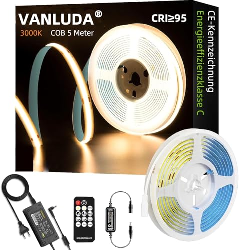 VANLUDA COB LED Streifen 3000K warmweiß,5m dimmbares 24V flexibles COB LED Streifen Licht set, mit RF Fernbedienung, CRI95+ helles Unterbaulicht für Fernseher, DIY Dekoration von VANLUDA