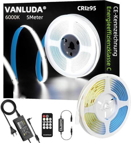 VANLUDA COB LED Streifen, 5m, CRI 95+, 6000K Kaltweiß, Dimmbar mit Fernbedienung, Energiesparend, für Küche, Schlafzimmer, Schrank und Dekoration von VANLUDA