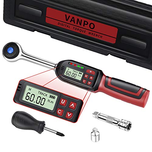 VANPO Digitaler Drehmomentschlüssel 3/8 Zoll Fahrrad & Motorrad Set, ± 2% Fehlergenauigkeit, 3-60 Nm Drehmomentschlüssel Klein mit Verlängerungsstange 7.5 cm, 1/4 "Adapter von VANPO