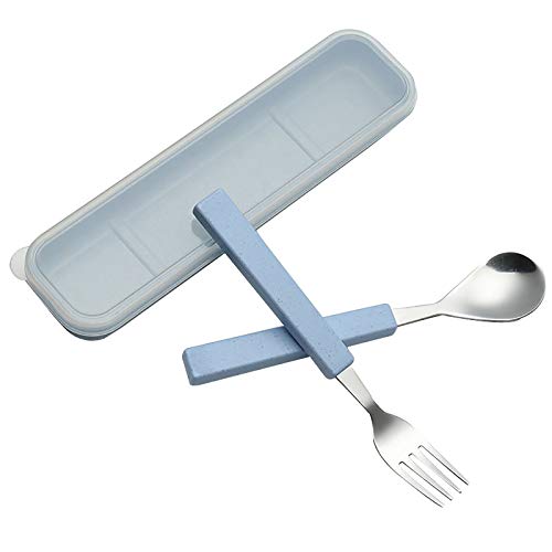 VANRA 2-teilig Kinder Besteck Set 18/10 Edelstahl Kinder Geschirr Set Silber Besteck Set Besteck Geschirr Utensilien Löffel Gabel Set mit Reisekoffer für Kinder Kleinkinder (Chrome Finished) (Blau) von VANRA