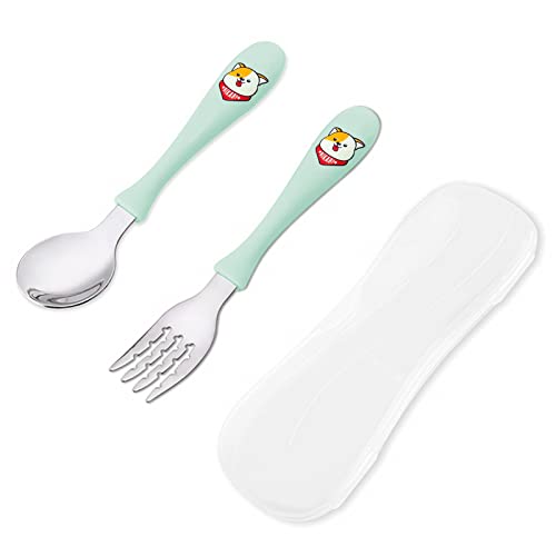 VANRA 2-teiliges Kinderbesteck-Set mit Koffer, Kinder Gabel und Löffel Set 18/8 Edelstahl Kinderbesteck Set Abendessen Besteck Set mit Reisekoffer für Lunch Box (Grün) von VANRA