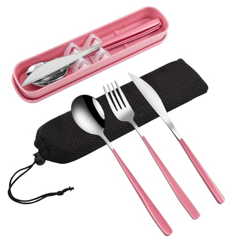 VANRA 3 Stück tragbares Reisebesteck Set mit Koffer 18/8 Edelstahl Besteck Set Wiederverwendbares Besteck Set mit Gabel Löffel Messer für Mittagessen Reisen Camping Schule Arbeit Picknick (Rosa) von VANRA