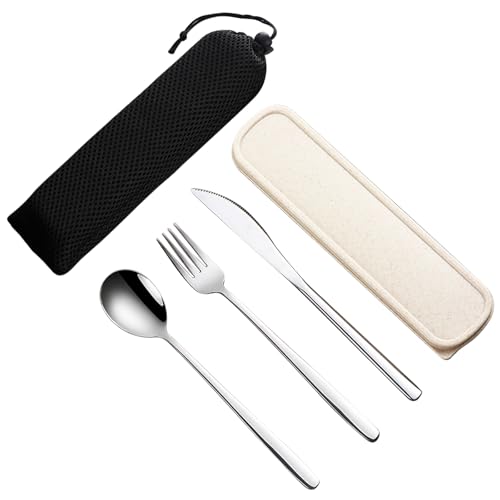 VANRA 3 Stück tragbares Reisebesteck Set mit Koffer 18/8 Edelstahl Besteck Set Wiederverwendbares Besteck Set mit Gabel Löffel Messer für Mittagessen Reisen Camping Schule Arbeit Picknick (Silber) von VANRA