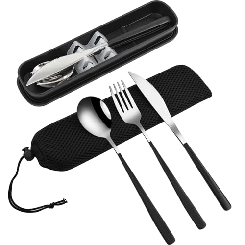 VANRA 3 Stück tragbares Reisebesteck Set mit Koffer 18/8 Edelstahl Besteck Set Wiederverwendbares Besteck Set mit Gabel Löffel Messer für Mittagessen Reisen Camping Schule Arbeit Picknick (Schwarz) von VANRA