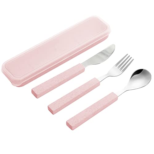 VANRA Kinderbesteck Set Edelstahl poliert und spülmaschinenfest,3 Stück Kinderbesteck Set-1 x Messer,1 x Gabel,1 x Löffel mit Reiseetui (Rosa) von VANRA