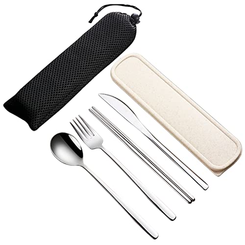 VANRA Gemischtes Besteck-Set 4 PCS Edelstahl-Besteck-Set mit Etui, poliert und spülmaschinenfest, 1 x Gabel, 1 x Löffel, 1 x Messer, 1 x Essstäbchen für Schule Arbeit Picknick (Silber) von VANRA