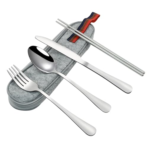 VANRA Tragbares Reisebesteck Set mit Koffer 4-teiliges Edelstahl Campingbesteck Set Wiederverwendbares Besteck Set für Arbeit Gabel Löffel Messer Stäbchen für Lunch Box Schule Picknick(Silber) von VANRA