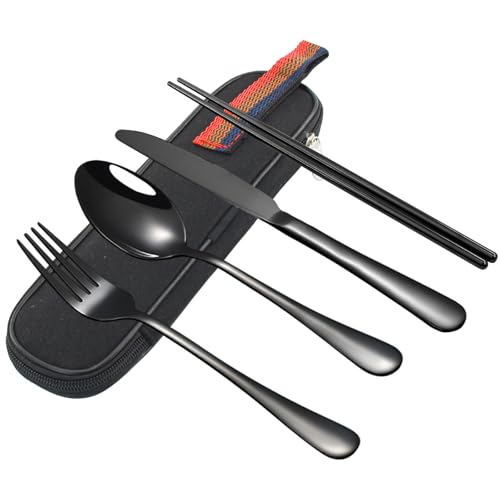 VANRA Tragbares Reisebesteck Set mit Koffer 4-teiliges Edelstahl Campingbesteck Set Wiederverwendbares Besteck Set für Arbeit Gabel Löffel Messer Stäbchen für Lunch Box Schule Picknick (Schwarz) von VANRA