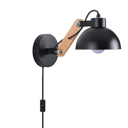 Moderne Wandlampe mit Plug in Kabel, Schwarz Plug in Wandleuchten Einstellbare Innen Schlafzimmer Nachttischleuchten Leuchte Schalter Lesebeleuchtung für Wohnzimmer (Enthaltene 3500k E27-Glühbirne) von VANSINTEK