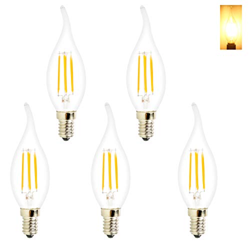 5 Pack 4W LED Glühfaden Kerze-Glühlampe, 3000K Warmweiß 400LM, E14 Kerzenleuchter Sockel Lampe C35 Flammenform gebogener Spitze, 40W Glühlampenlicht Ersatz von VANSUKY