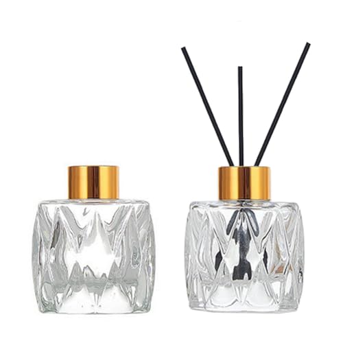 2 Stück 50 ml leere klare Glasdiffusor-Flasche mit goldfarbener Kappe, Behälter für ätherisches Öl, Duftzubehör, Verwendung für DIY-Ersatz, Schilfrohr-Diffusor-Set für Zuhause, Büro (prismatisch) von VANTOBEST