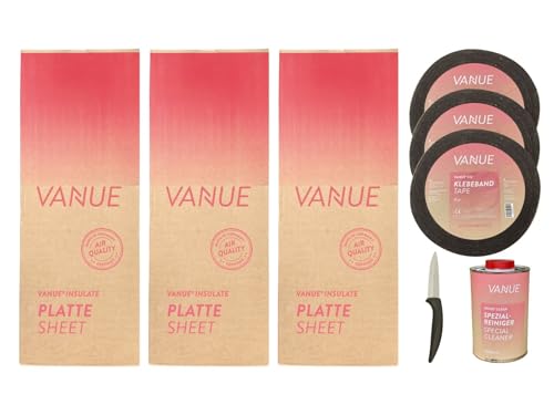 VANUE® SET S 15 m², bestehend aus 3 Karton INSULATE 19 mm (= 15 m²), 3 Rollen Klebeband FIX (50x3 mm), 1 Dose CLEAN Reiniger 1,0 ltr. und 1 x Keramikmesser, Dämmung für Camperausbau , Camper Dämmung von VANUE