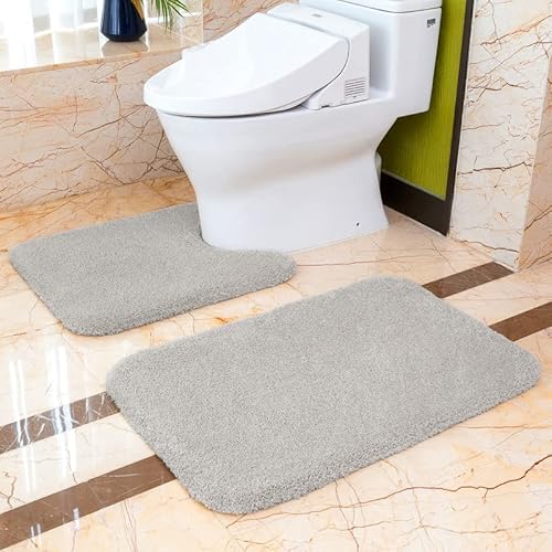 Badematten Set 2 Teilig Rutschfest Badvorleger Set Verdickt Badteppich Badgarnitur Set Weich Flauschige Mikrofaser Badezimmer Teppich Set, 50 x 80cm Badeteppich + 50 x 60cm WC Vorleger (Hellgrau) von VANZAVANZU