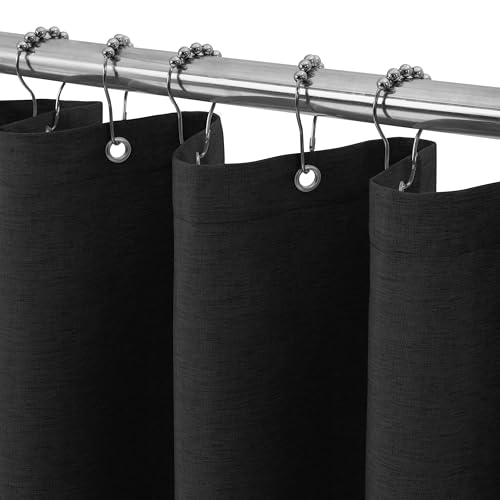 Duschvorhang Leinen mit Metall Duschvorhangringe Stoff Textil Badewannenvorhang Anti Schimmel Bad Vorhang Set Wasserdicht Badewanne Vorhang Schwerer Shower Curtain Badezimmer - 92 x 182cm (Schwarz) von VANZAVANZU