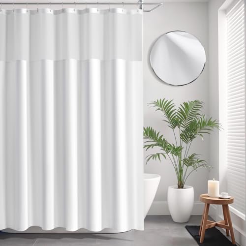 Leinen Texturiert Duschvorhang 183x183cm, Anti-Schimmel Waschbar Badewanne Duschvorhang mit Netzfenster & 12 Edelstahl Ringe, 230GSM Gewichtete Schwerer Stoff Textil Wasserdicht Badevorhang, Weiß von VANZAVANZU