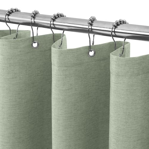 VANZAVANZU Duschvorhang Leinen mit Metall Duschvorhangringe Stoff Textil Badewannenvorhang Anti Schimmel Bad Vorhang Set Wasserdicht Schwerer Badewanne Vorhang - 122 x 182cm (Salbeigrün) von VANZAVANZU