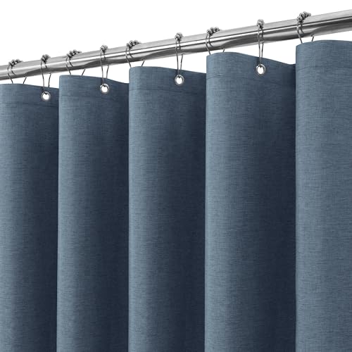 VANZAVANZU Duschvorhang Leinen mit Metall Duschvorhangringe Stoff Textil Badewannenvorhang Anti Schimmel Bad Vorhang Set Wasserdicht Schwerer Badewanne Vorhang - 182 x 244cm (Marineblau) von VANZAVANZU