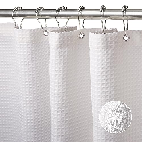 Waffel Duschvorhang mit Metall Duschvorhangringe Stoff Textil Badewannenvorhang Anti Schimmel Bad Vorhang Set Wasserdicht Badewanne Vorhang Schwerer Shower Curtain Badezimmer - 182 x 182cm (Weiß) von VANZAVANZU