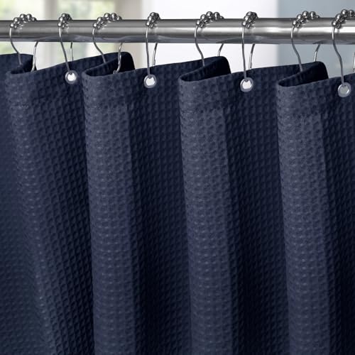VANZAVANZU Waffel Duschvorhang mit Metall Duschvorhangringe Stoff Textil Badewannenvorhang Anti Schimmel Bad Vorhang Set Wasserdicht Schwerer Badewanne Vorhang - 152 x 214cm (Marineblau) von VANZAVANZU