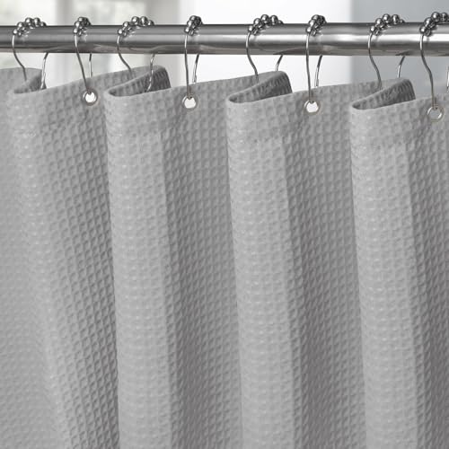 VANZAVANZU Waffel Duschvorhang mit Metall Duschvorhangringe Stoff Textil Badewannenvorhang Anti Schimmel Bad Vorhang Set Wasserdicht Schwerer Badewanne Vorhang - 182 x 244cm (Hellgrau) von VANZAVANZU