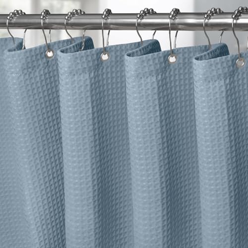 VANZAVANZU Waffel Duschvorhang mit Metall Duschvorhangringe Stoff Textil Badewannenvorhang Anti Schimmel Bad Vorhang Set Wasserdicht Schwerer Badewanne Vorhang - 92 x 182cm (Mondlichtblau) von VANZAVANZU