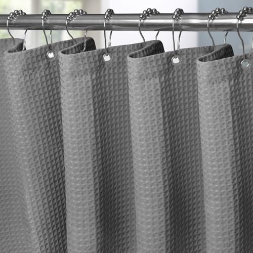 Waffel Duschvorhang mit Metall Duschvorhangringe Stoff Textil Badewannenvorhang Anti Schimmel Bad Vorhang Wasserdicht Badewanne Vorhang Schwerer Shower Curtain Badezimmer - 152 x 214cm (Dunkelgrau) von VANZAVANZU