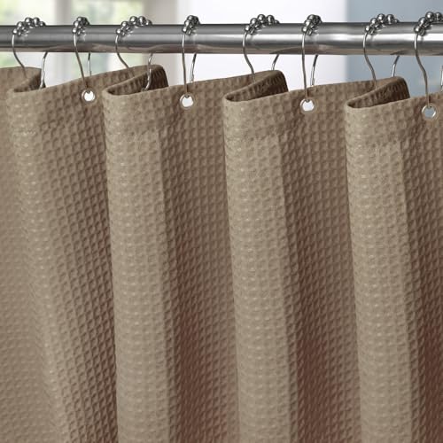 Waffel Duschvorhang mit Metall Duschvorhangringe Stoff Textil Badewannenvorhang Anti Schimmel Bad Vorhang Set Wasserdicht Badewanne Vorhang Schwerer Shower Curtain Badezimmer - 152 x 214cm (Khaki) von VANZAVANZU