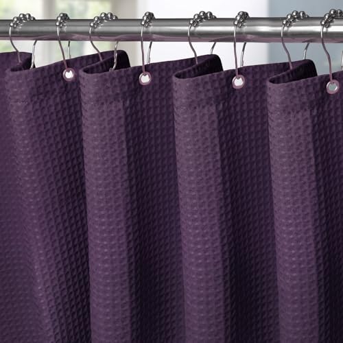 Waffel Duschvorhang mit Metall Duschvorhangringe Stoff Textil Badewannenvorhang Anti Schimmel Bad Vorhang Set Wasserdicht Badewanne Vorhang Schwerer Shower Curtain Badezimmer - 152 x 214cm (Lila) von VANZAVANZU