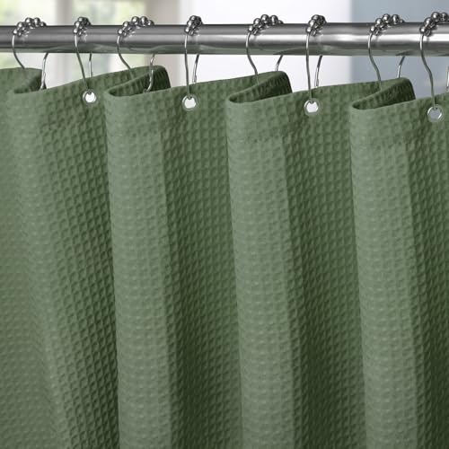 Waffel Duschvorhang mit Metall Duschvorhangringe Stoff Textil Badewannenvorhang Anti Schimmel Bad Vorhang Set Wasserdicht Badewanne Vorhang Schwerer Shower Curtain Badezimmer - 182 x 182cm (Grün) von VANZAVANZU