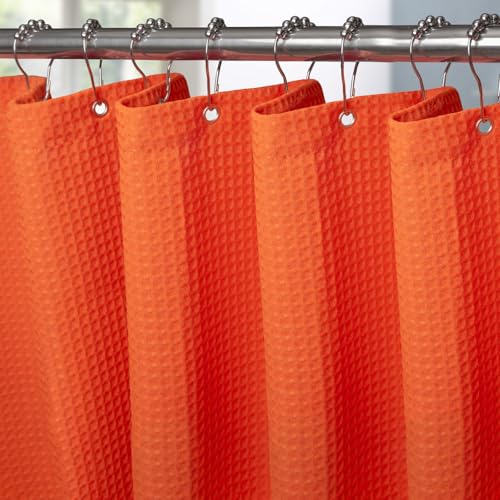 Waffel Duschvorhang mit Metall Duschvorhangringe Stoff Textil Badewannenvorhang Anti Schimmel Bad Vorhang Set Wasserdicht Badewanne Vorhang Schwerer Shower Curtain Badezimmer - 182 x 182cm (Orange) von VANZAVANZU
