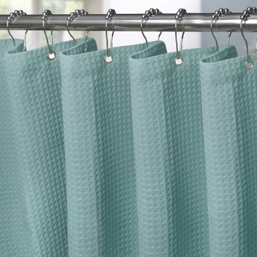 Waffel Duschvorhang mit Metall Duschvorhangringe Stoff Textil Badewannenvorhang Anti Schimmel Bad Vorhang Set Wasserdicht Badewanne Vorhang Schwerer Shower Curtain Badezimmer - 182 x 198cm (Türkis) von VANZAVANZU