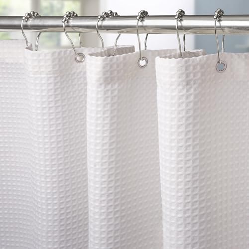 Waffel Duschvorhang mit Metall Duschvorhangringe Stoff Textil Badewannenvorhang Anti Schimmel Bad Vorhang Set Wasserdicht Badewanne Vorhang Schwerer Shower Curtain Badezimmer - 182 x 198cm (Weiß) von VANZAVANZU
