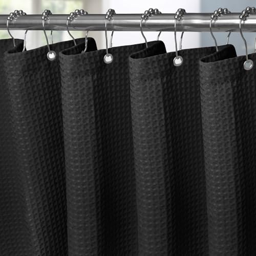 Waffel Duschvorhang mit Metall Duschvorhangringe Stoff Textil Badewannenvorhang Anti Schimmel Bad Vorhang Set Wasserdicht Badewanne Vorhang Schwerer Shower Curtain Badezimmer - 182 x 214cm (Schwarz) von VANZAVANZU