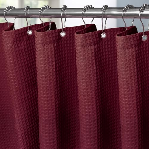 VANZAVANZU Schmaler Waffel Duschvorhang 92 x 182 cm mit Metall Duschvorhangringe Schwerer Stoff Textil Badewannenvorhang Anti Schimmel Bad Vorhang Wasserdicht Badezimmer Vorhang - Burgunderrot von VANZAVANZU