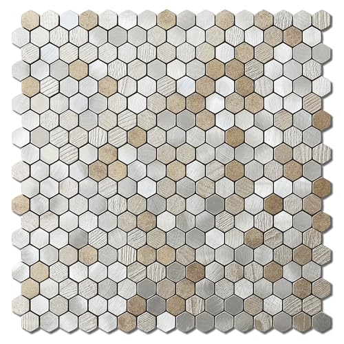 VAOVI 3d Wandfliesen Mosaik Selbstklebende,Küchenfliesen Aufkleber Badezimmer Wanddekoration Klein Steinoptik Texturiert Matte Sechsecke(Beige Sand,5 Stück) von VAOVI