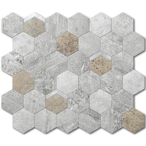 VAOVI Mosaikfliesen Sechseck Aufkleber Fliese Matt,Wandfliesen Küche Selbstklebend Fliesenaufkleber 3d Steinoptik Badezimmer Wasserdichte(5 Stücke,Herbstgrau) von VAOVI