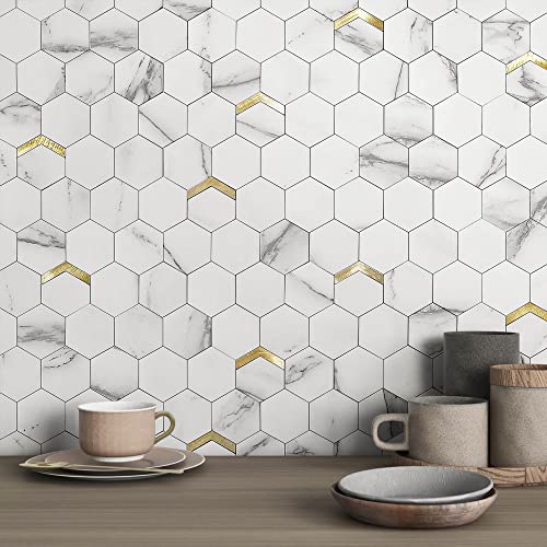 VAOVI Mosaikfliesen Sechseck Aufkleber Fliese Matt,Wandfliesen Küche Selbstklebend Fliesenaufkleber 3d Steinoptik Badezimmer Wasserdichte(5 Stücke,Weißer Gold) von VAOVI