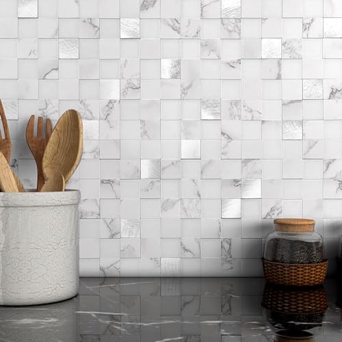 VAOVI Quadratisch Mosaikfliesen Selbstklebende Fliesen Küchenrückwand Selbstklebend,Marmor Bad Fliesensticker Kamin Hitzebeständig Duschfliesen Klebefliesen Wasserdicht(Weiß,10 Fliesen) von VAOVI