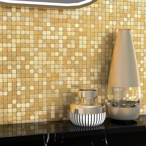 VAOVI Selbstklebende Mosaik Fliese Gold Küche Wand,Wandfliese Metall mit Facette Gold Matt und Glänzend Fliesenaufkleber Kleines Quadrat(10 Matte) von VAOVI