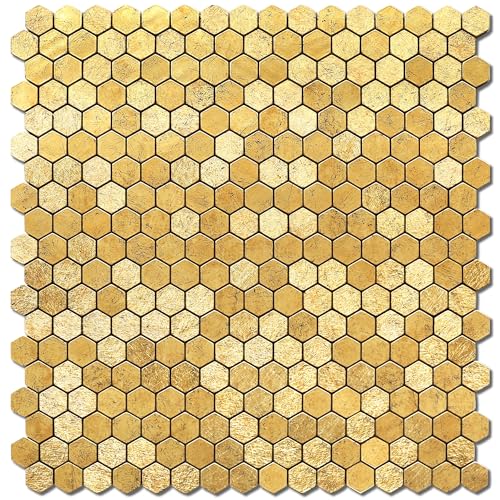 VAOVI Selbstklebende Mosaik Fliese Gold Küche Wand,Wandfliese Metall mit Facette Gold Matt und Glänzend Fliesenaufkleber Kleines Sechseck(10 Matte) von VAOVI