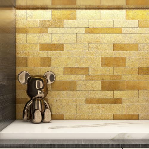 VAOVI Selbstklebende Mosaik Fliese Gold Küche Wand,Wandfliese Metall mit Facette Gold Matt und Glänzend Fliesenaufkleber Metro(10 Matte) von VAOVI