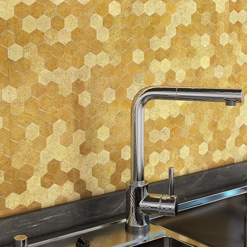 VAOVI Selbstklebende Mosaik Fliese Gold Küche Wand,Wandfliese Metall mit Facette Gold Matt und Glänzend Fliesenaufkleber Sechseck(5 Matte) von VAOVI