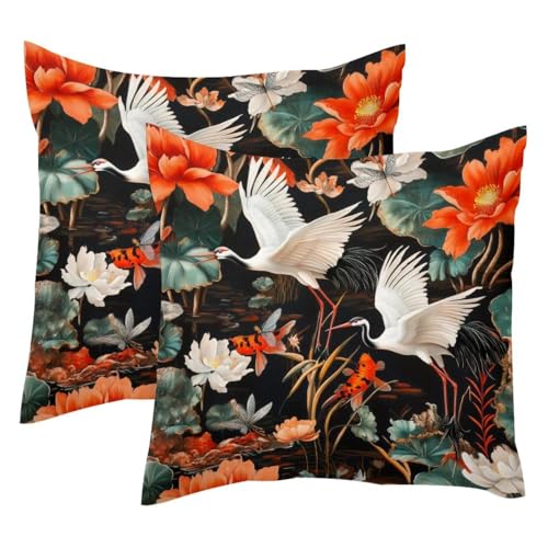 Kissenbezug mit Kranichen auf Lotus-Teich, weicher Samt, modern, dekorativ, doppelseitig, 50 x 50 cm (Kissen nicht im Lieferumfang enthalten), 2 Stück von VAPOKF